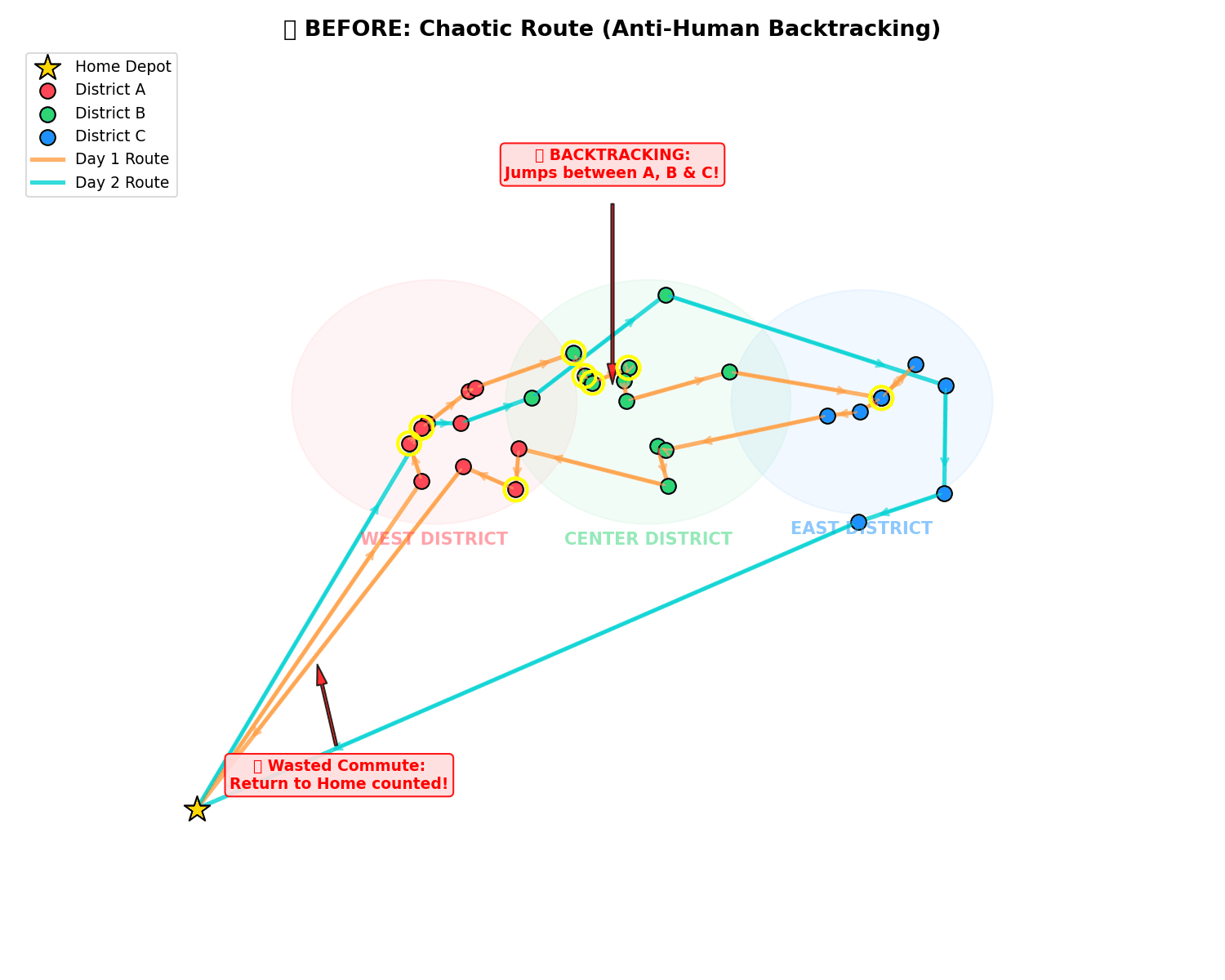 Baseline route: chaotic criss-crossing paths across the city